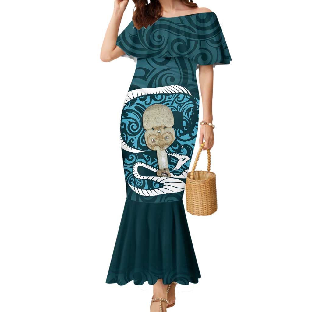 Turquoise New Zealand Eel Mermaid Dress Aotearoa Maori Tuna With Kotiate Weapon LT14 Women Turquoise - Polynesian Pride