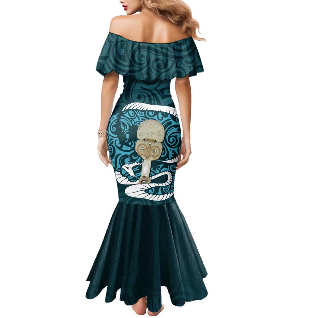 Turquoise New Zealand Eel Mermaid Dress Aotearoa Maori Tuna With Kotiate Weapon LT14 - Polynesian Pride