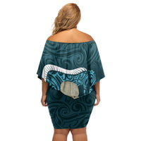 Turquoise New Zealand Eel Off Shoulder Short Dress Aotearoa Maori Tuna With Kotiate Weapon LT14 - Polynesian Pride