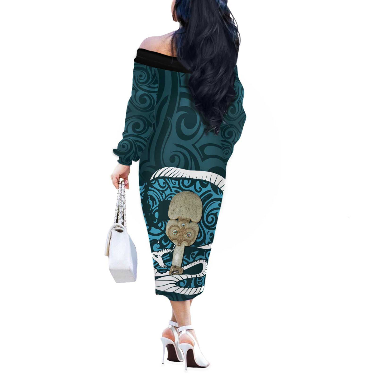Turquoise New Zealand Eel Off The Shoulder Long Sleeve Dress Aotearoa Maori Tuna With Kotiate Weapon LT14 - Polynesian Pride