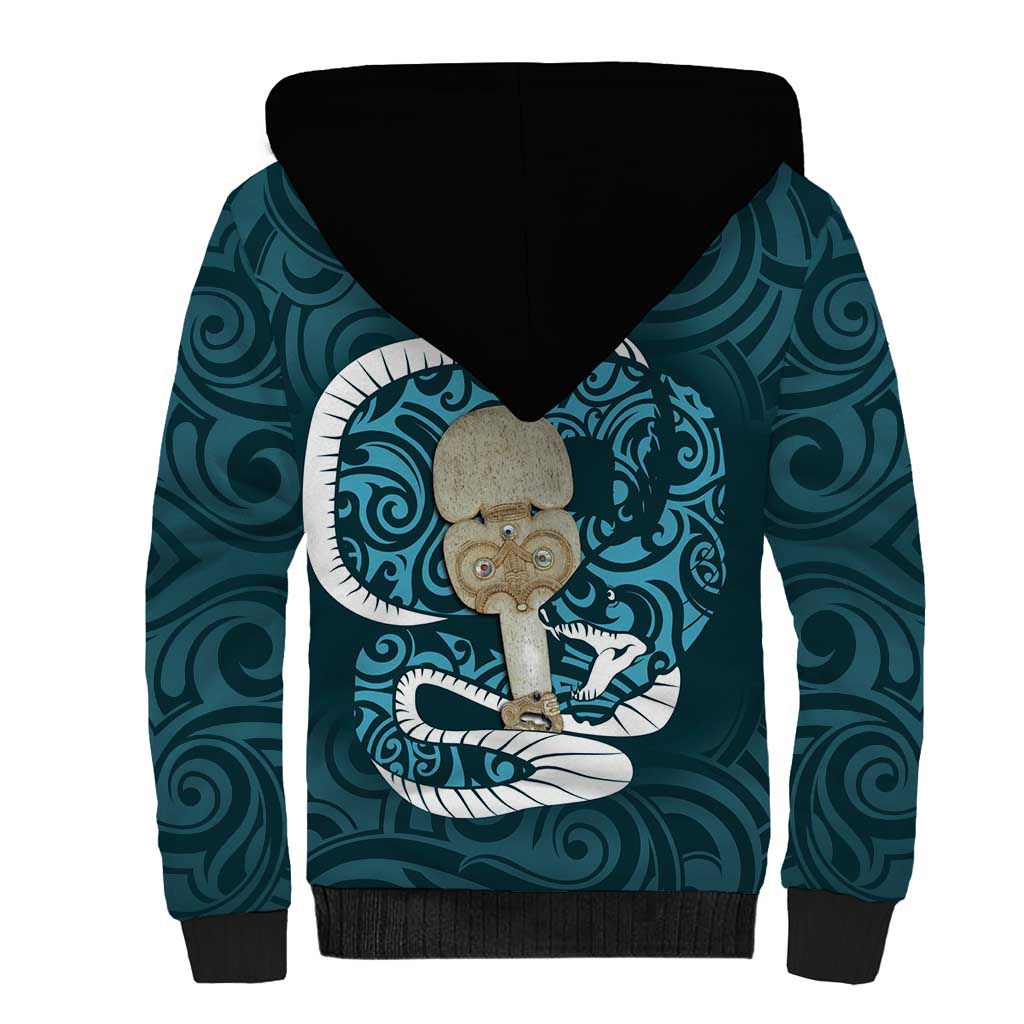 Turquoise New Zealand Eel Sherpa Hoodie Aotearoa Maori Tuna With Kotiate Weapon LT14 - Polynesian Pride