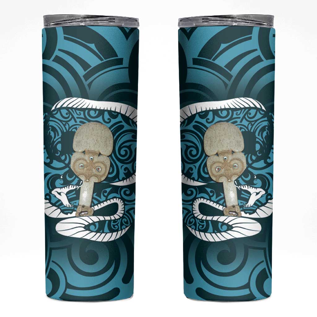 Turquoise New Zealand Eel Skinny Tumbler Aotearoa Maori Tuna With Kotiate Weapon LT14 Turquoise - Polynesian Pride