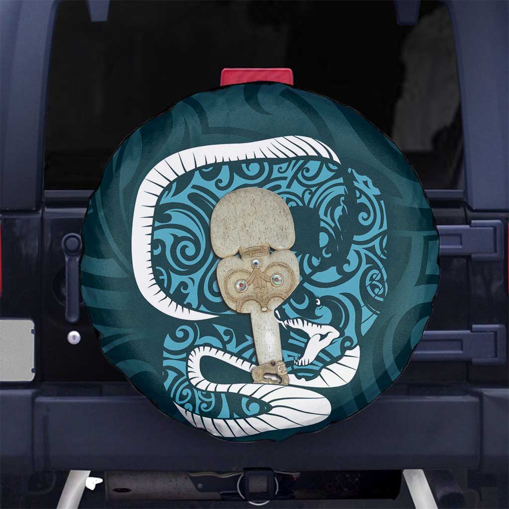 Turquoise New Zealand Eel Spare Tire Cover Aotearoa Maori Tuna With Kotiate Weapon LT14 - Polynesian Pride