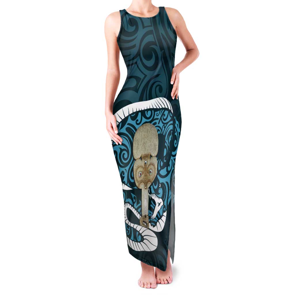 Turquoise New Zealand Eel Tank Maxi Dress Aotearoa Maori Tuna With Kotiate Weapon LT14 Women Turquoise - Polynesian Pride