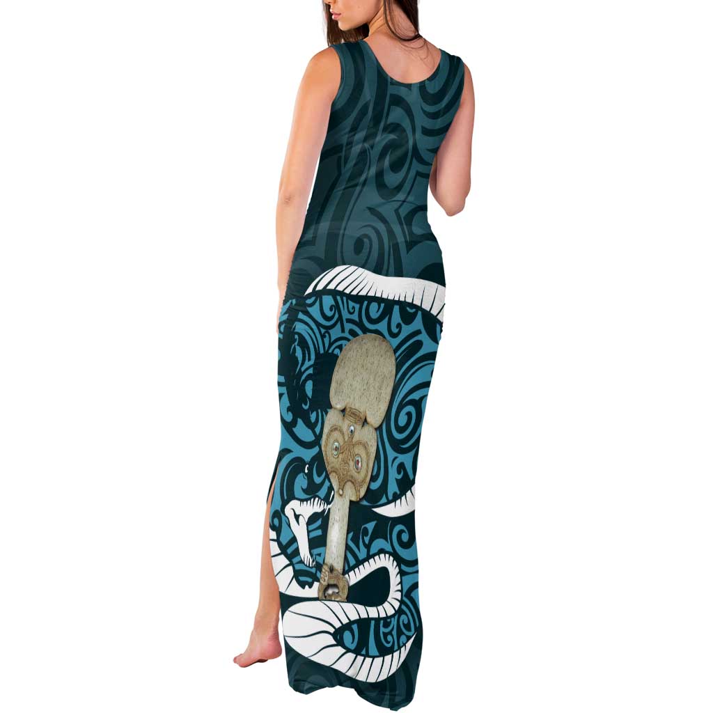 Turquoise New Zealand Eel Tank Maxi Dress Aotearoa Maori Tuna With Kotiate Weapon LT14 - Polynesian Pride