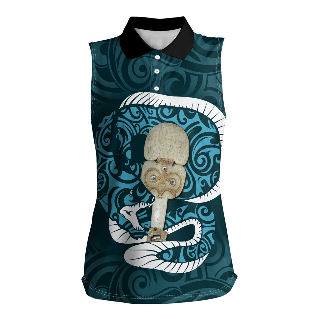 Turquoise New Zealand Eel Women Sleeveless Polo Shirt Aotearoa Maori Tuna With Kotiate Weapon LT14 Female Turquoise - Polynesian Pride