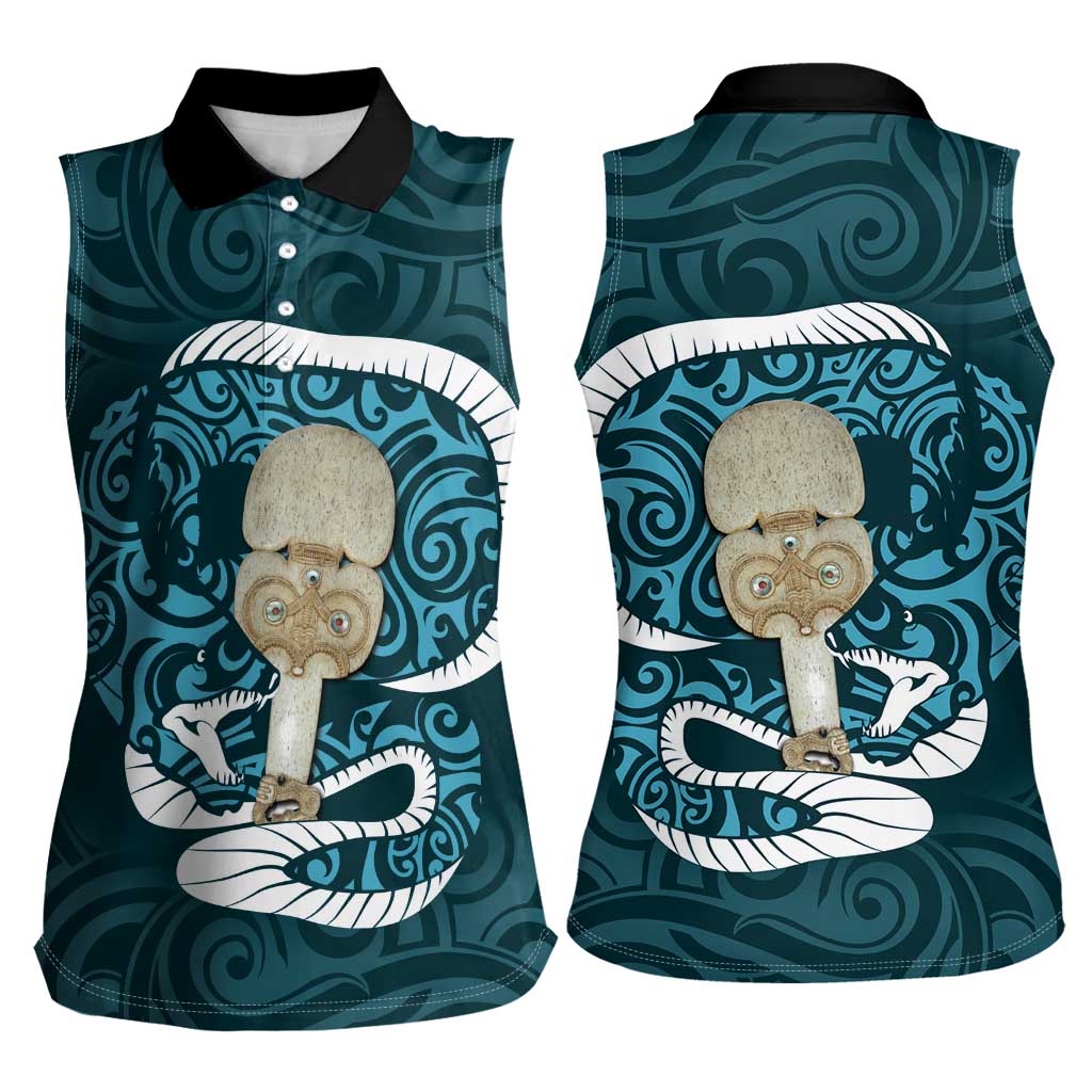 Turquoise New Zealand Eel Women Sleeveless Polo Shirt Aotearoa Maori Tuna With Kotiate Weapon LT14 - Polynesian Pride