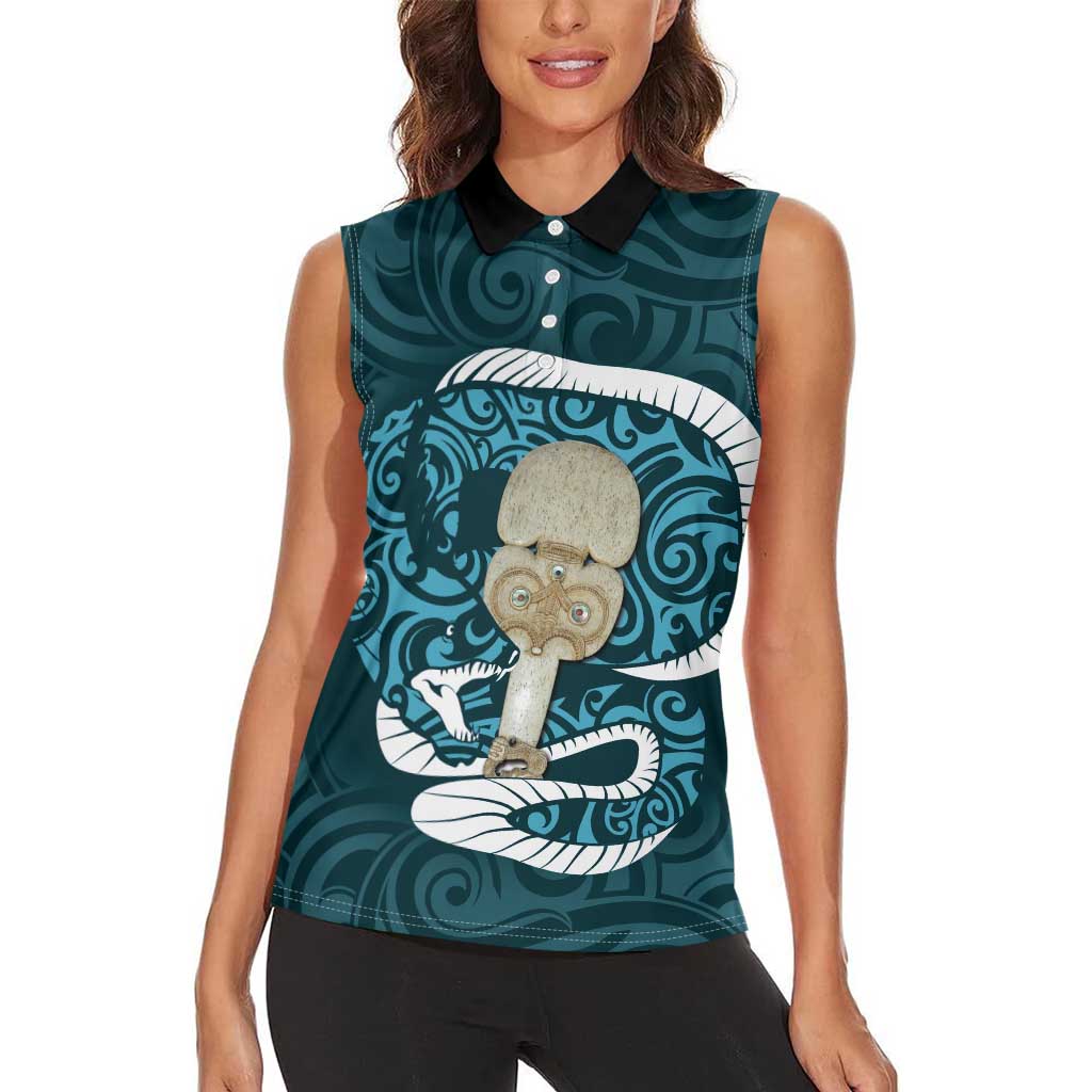 Turquoise New Zealand Eel Women Sleeveless Polo Shirt Aotearoa Maori Tuna With Kotiate Weapon LT14 - Polynesian Pride