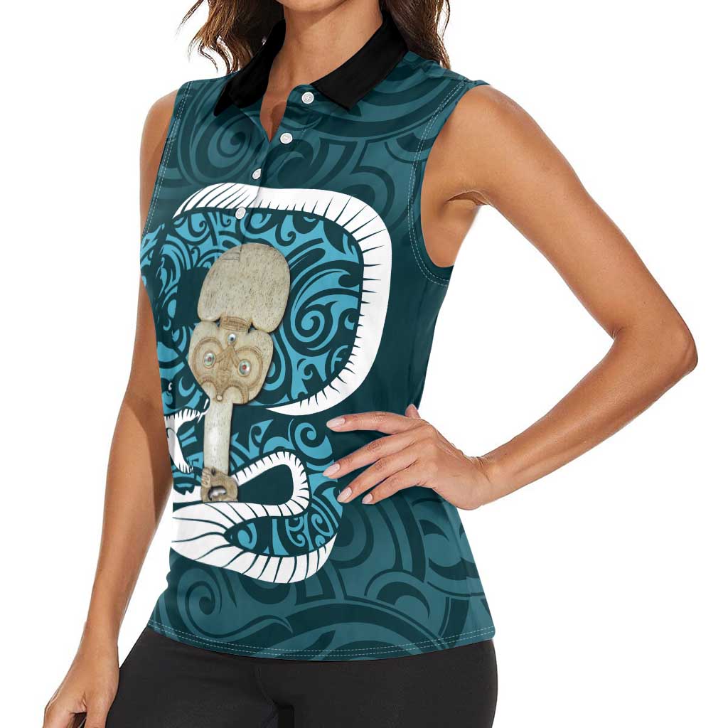 Turquoise New Zealand Eel Women Sleeveless Polo Shirt Aotearoa Maori Tuna With Kotiate Weapon LT14 - Polynesian Pride