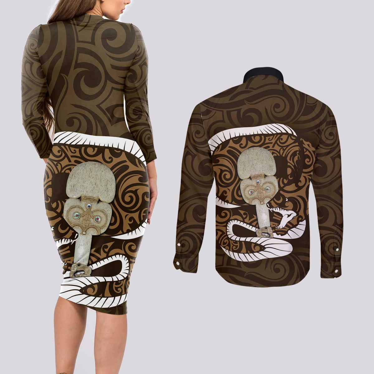 Gold New Zealand Eel Couples Matching Long Sleeve Bodycon Dress and Long Sleeve Button Shirt Aotearoa Maori Tuna With Kotiate Weapon LT14 - Polynesian Pride