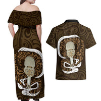 Gold New Zealand Eel Couples Matching Off Shoulder Maxi Dress and Hawaiian Shirt Aotearoa Maori Tuna With Kotiate Weapon LT14 - Polynesian Pride