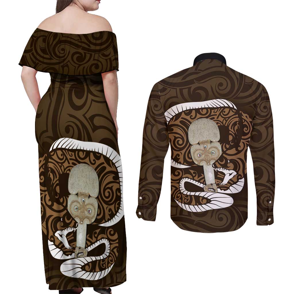 Gold New Zealand Eel Couples Matching Off Shoulder Maxi Dress and Long Sleeve Button Shirt Aotearoa Maori Tuna With Kotiate Weapon LT14 - Polynesian Pride