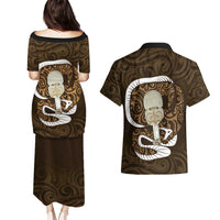 Gold New Zealand Eel Couples Matching Puletasi and Hawaiian Shirt Aotearoa Maori Tuna With Kotiate Weapon LT14 - Polynesian Pride