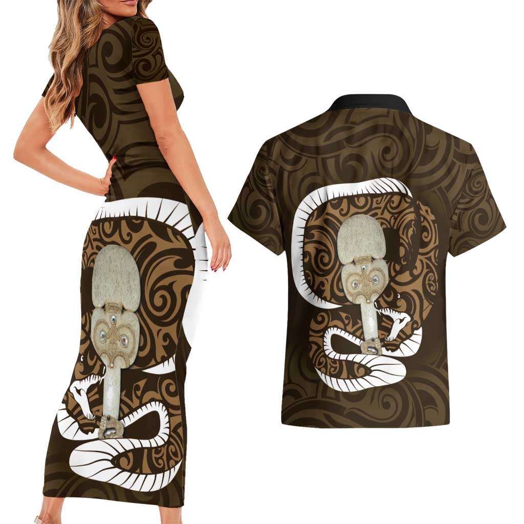 Gold New Zealand Eel Couples Matching Short Sleeve Bodycon Dress and Hawaiian Shirt Aotearoa Maori Tuna With Kotiate Weapon LT14 - Polynesian Pride