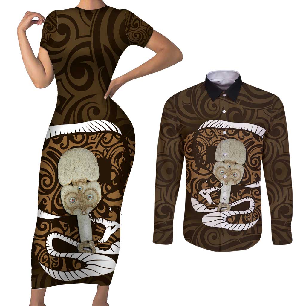 Gold New Zealand Eel Couples Matching Short Sleeve Bodycon Dress and Long Sleeve Button Shirt Aotearoa Maori Tuna With Kotiate Weapon LT14 Gold - Polynesian Pride