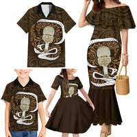 Gold New Zealand Eel Family Matching Mermaid Dress and Hawaiian Shirt Aotearoa Maori Tuna With Kotiate Weapon LT14 - Polynesian Pride