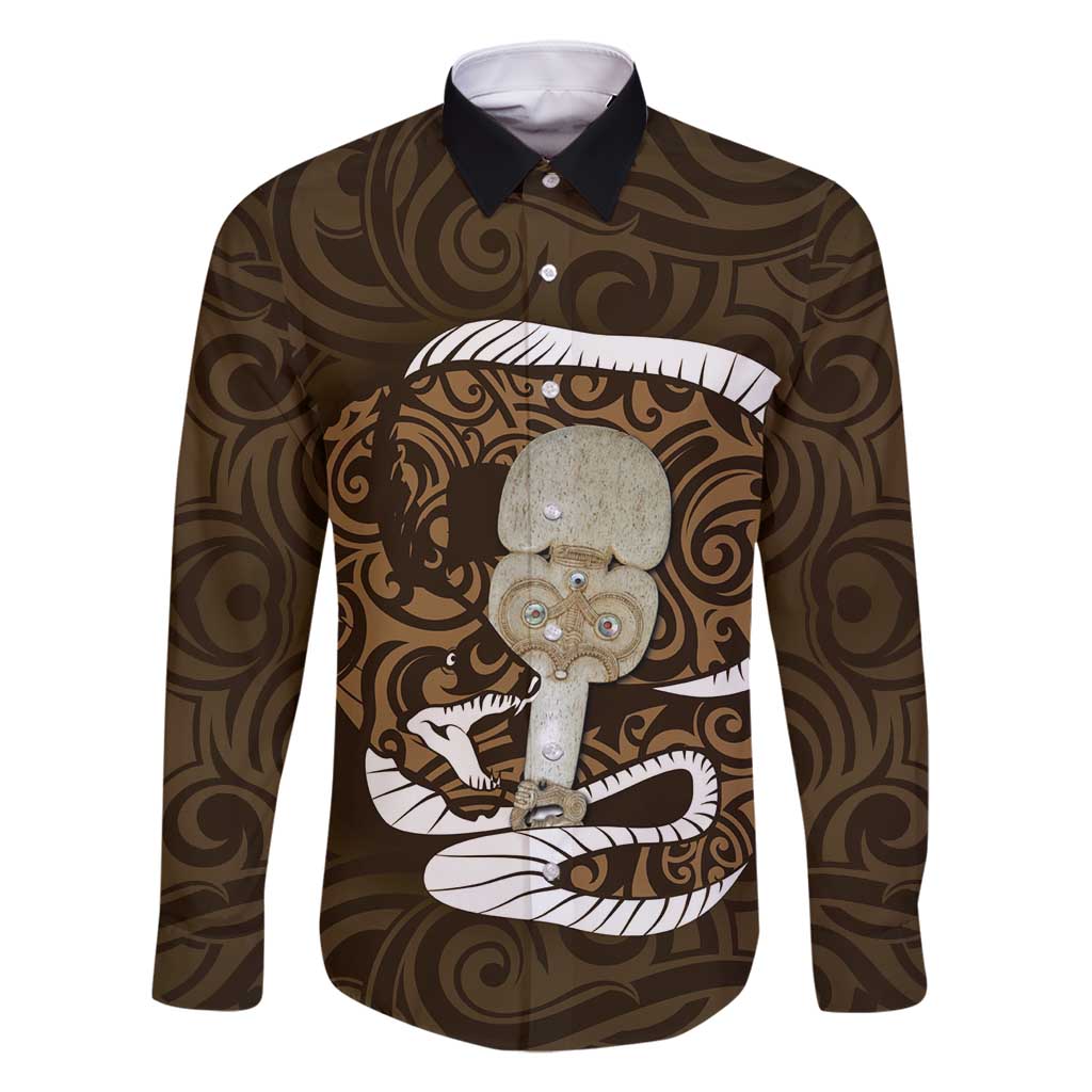 Gold New Zealand Eel Family Matching Mermaid Dress and Hawaiian Shirt Aotearoa Maori Tuna With Kotiate Weapon LT14 Dad's Shirt - Long Sleeve Gold - Polynesian Pride