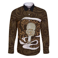 Gold New Zealand Eel Family Matching Mermaid Dress and Hawaiian Shirt Aotearoa Maori Tuna With Kotiate Weapon LT14 Dad's Shirt - Long Sleeve Gold - Polynesian Pride