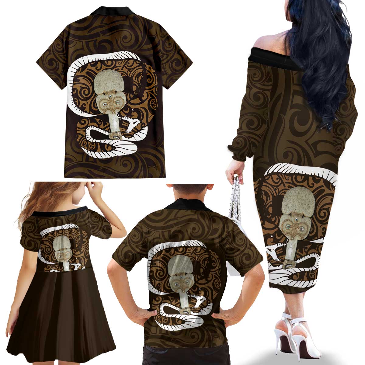 Gold New Zealand Eel Family Matching Off The Shoulder Long Sleeve Dress and Hawaiian Shirt Aotearoa Maori Tuna With Kotiate Weapon LT14 - Polynesian Pride