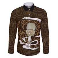 Gold New Zealand Eel Family Matching Off The Shoulder Long Sleeve Dress and Hawaiian Shirt Aotearoa Maori Tuna With Kotiate Weapon LT14 Dad's Shirt - Long Sleeve Gold - Polynesian Pride