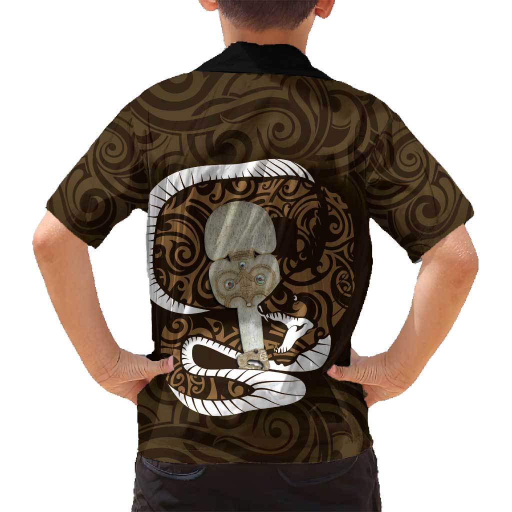 Gold New Zealand Eel Family Matching Off Shoulder Maxi Dress and Hawaiian Shirt Aotearoa Maori Tuna With Kotiate Weapon LT14 - Polynesian Pride
