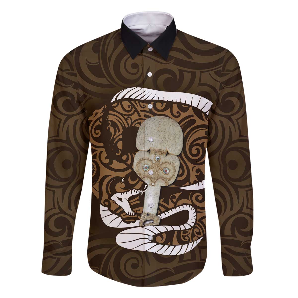 Gold New Zealand Eel Family Matching Off Shoulder Short Dress and Hawaiian Shirt Aotearoa Maori Tuna With Kotiate Weapon LT14 Dad's Shirt - Long Sleeve Gold - Polynesian Pride