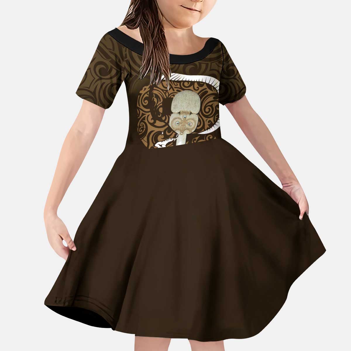 Gold New Zealand Eel Family Matching Puletasi and Hawaiian Shirt Aotearoa Maori Tuna With Kotiate Weapon LT14 Daughter's Dress Gold - Polynesian Pride