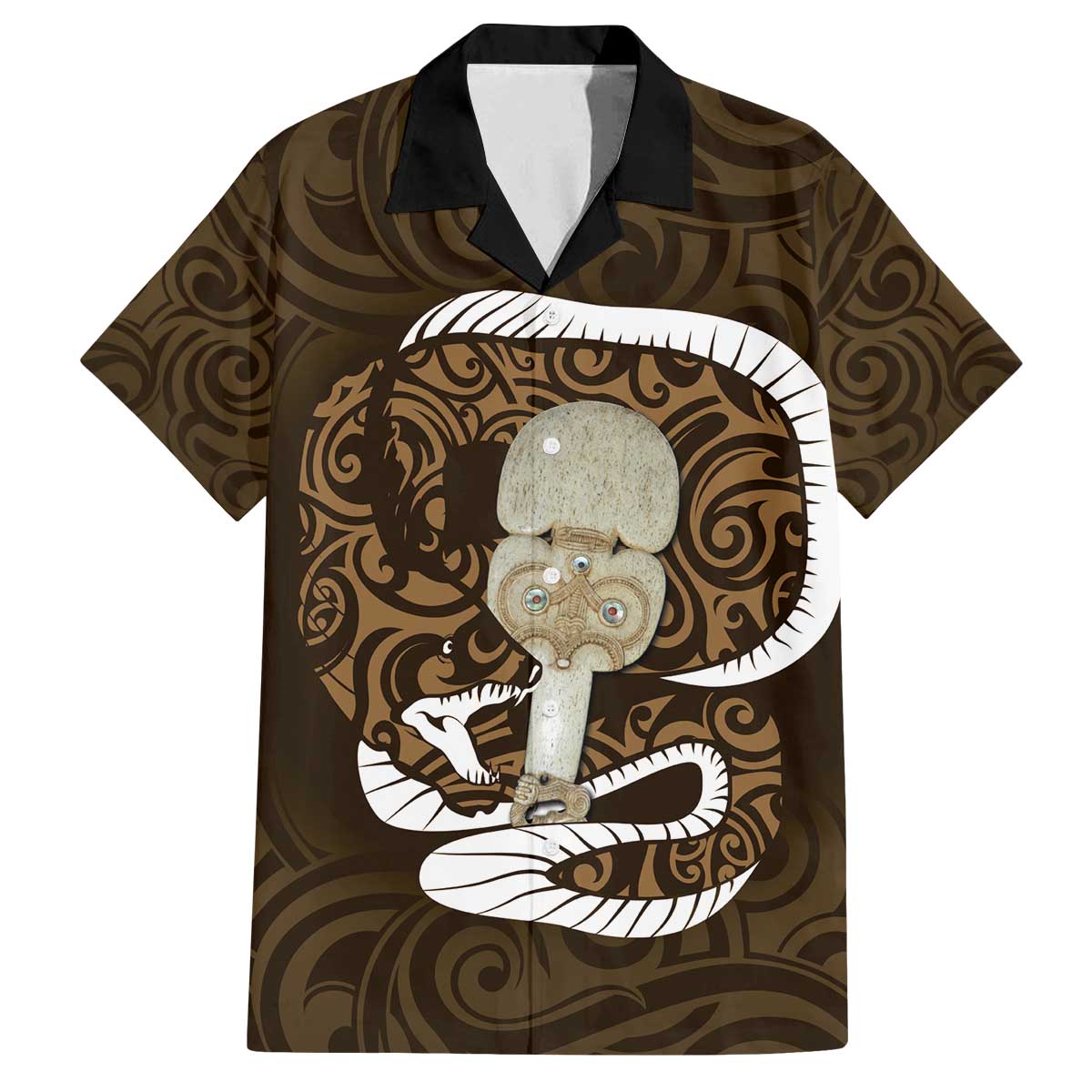 Gold New Zealand Eel Family Matching Puletasi and Hawaiian Shirt Aotearoa Maori Tuna With Kotiate Weapon LT14 Dad's Shirt - Short Sleeve Gold - Polynesian Pride