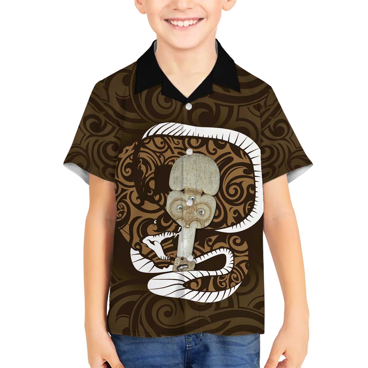 Gold New Zealand Eel Family Matching Puletasi and Hawaiian Shirt Aotearoa Maori Tuna With Kotiate Weapon LT14 Son's Shirt Gold - Polynesian Pride