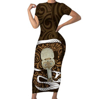Gold New Zealand Eel Family Matching Short Sleeve Bodycon Dress and Hawaiian Shirt Aotearoa Maori Tuna With Kotiate Weapon LT14 Mom's Dress Gold - Polynesian Pride