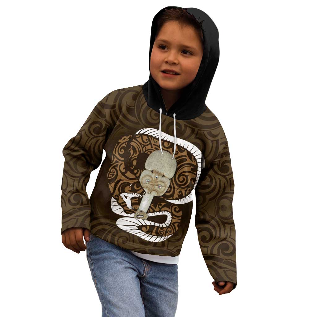 Gold New Zealand Eel Kid Hoodie Aotearoa Maori Tuna With Kotiate Weapon LT14 - Polynesian Pride