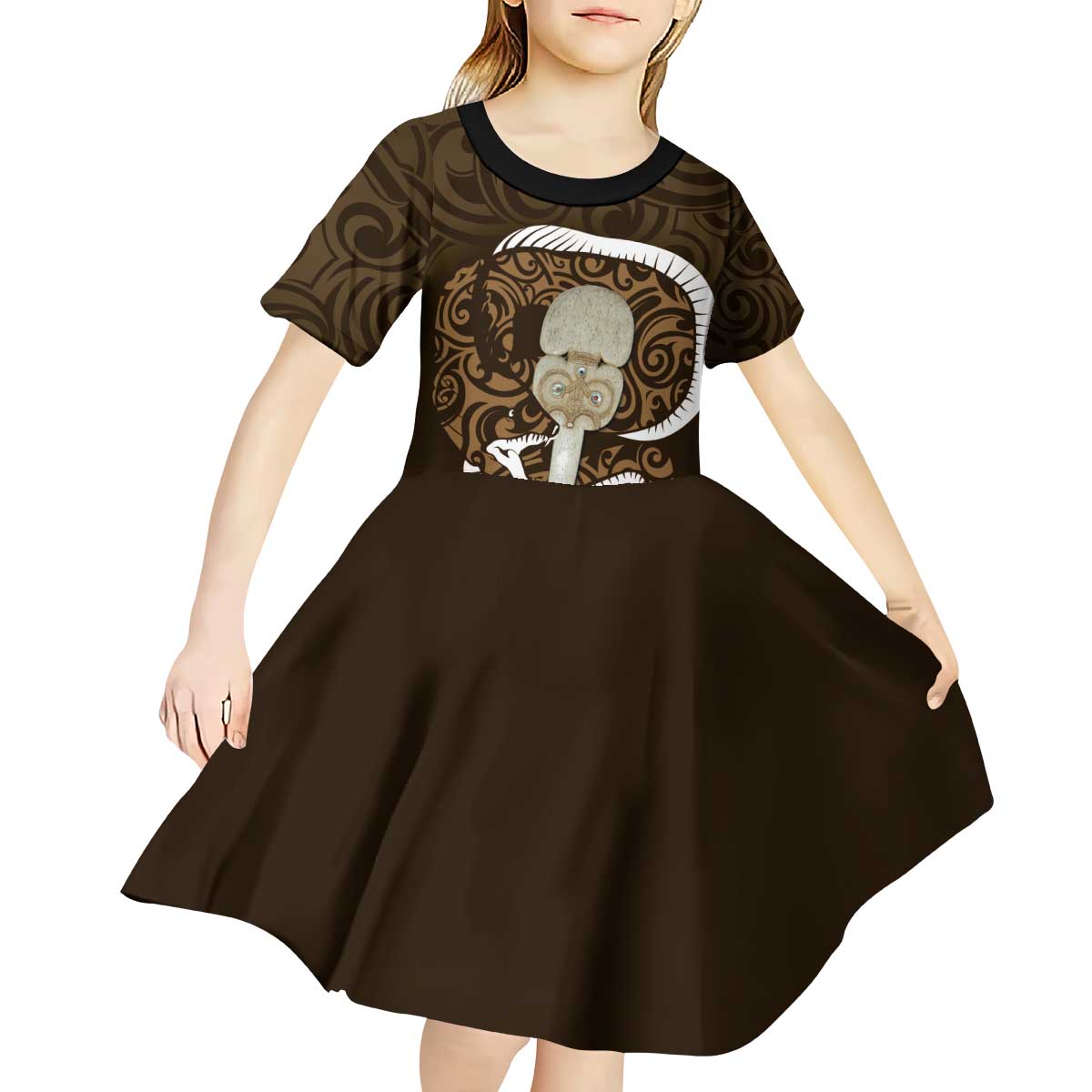 Gold New Zealand Eel Kid Short Sleeve Dress Aotearoa Maori Tuna With Kotiate Weapon LT14 - Polynesian Pride