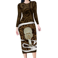 Gold New Zealand Eel Long Sleeve Bodycon Dress Aotearoa Maori Tuna With Kotiate Weapon LT14 Long Dress Gold - Polynesian Pride