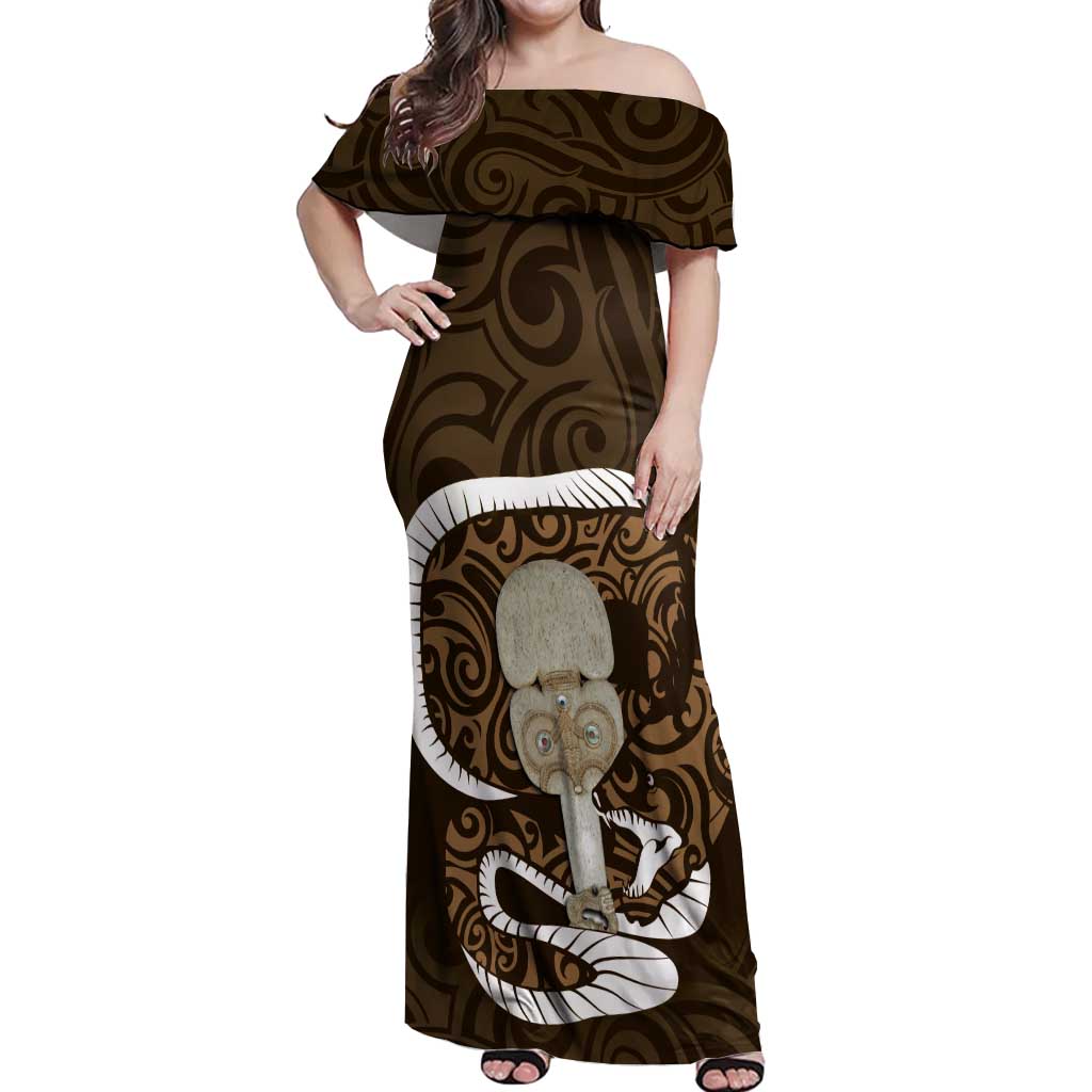 Gold New Zealand Eel Off Shoulder Maxi Dress Aotearoa Maori Tuna With Kotiate Weapon LT14 Women Gold - Polynesian Pride