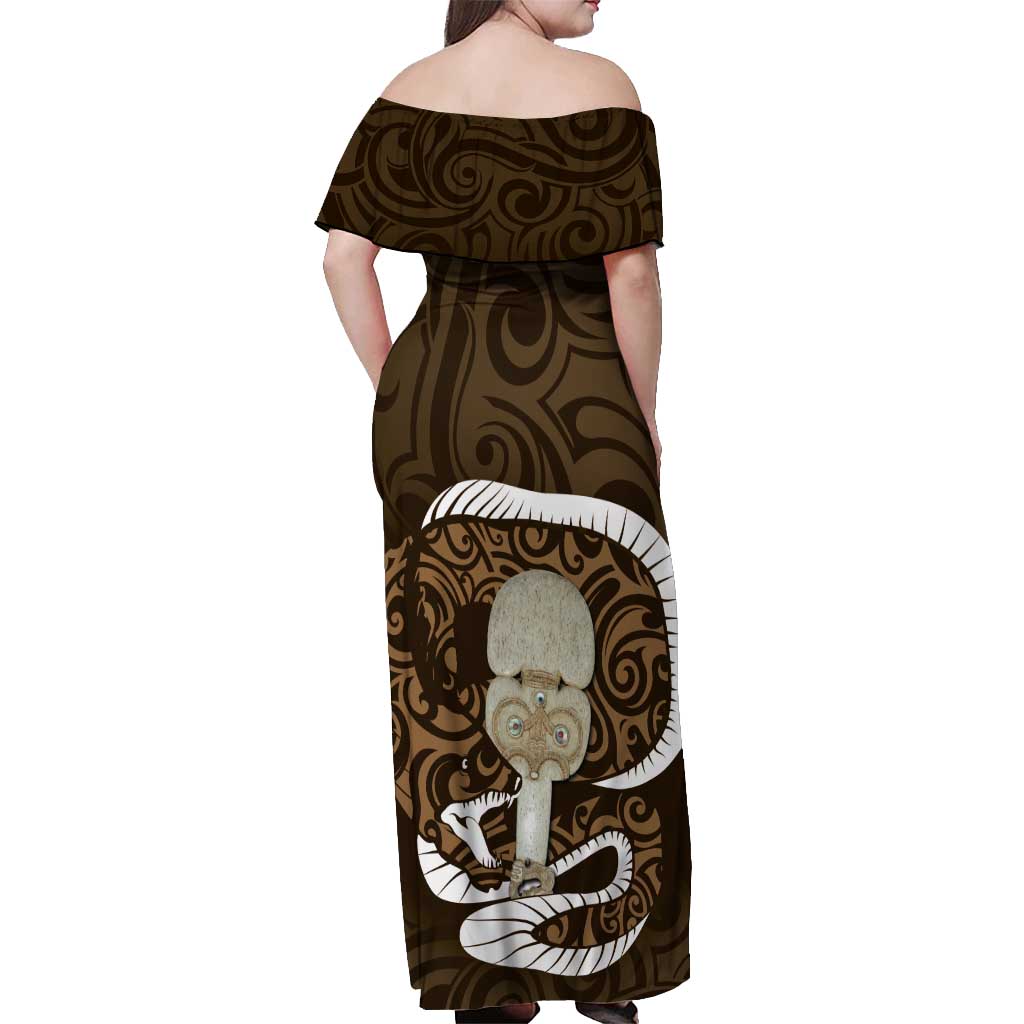 Gold New Zealand Eel Off Shoulder Maxi Dress Aotearoa Maori Tuna With Kotiate Weapon LT14 - Polynesian Pride