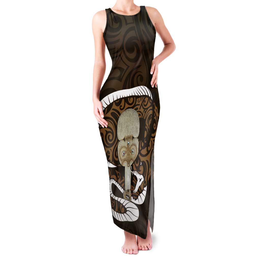 Gold New Zealand Eel Tank Maxi Dress Aotearoa Maori Tuna With Kotiate Weapon LT14 Women Gold - Polynesian Pride