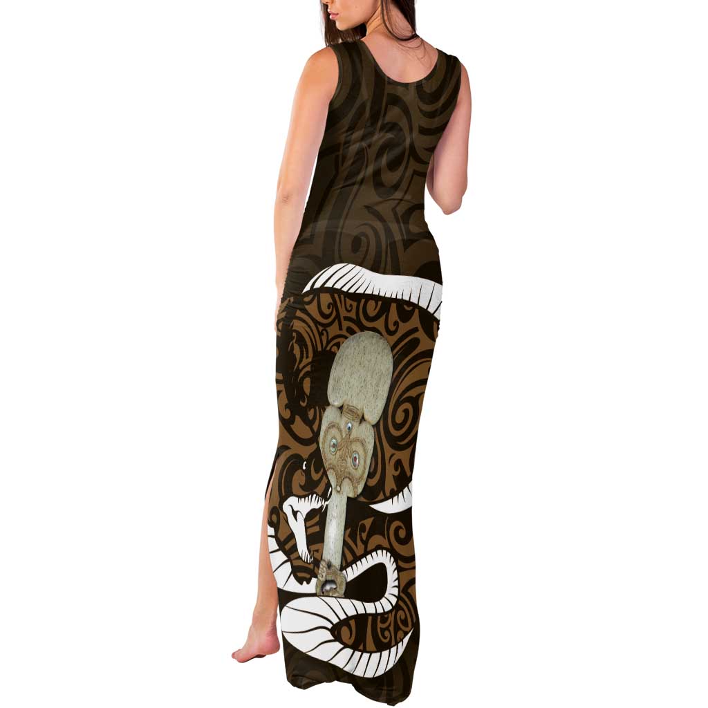 Gold New Zealand Eel Tank Maxi Dress Aotearoa Maori Tuna With Kotiate Weapon LT14 - Polynesian Pride