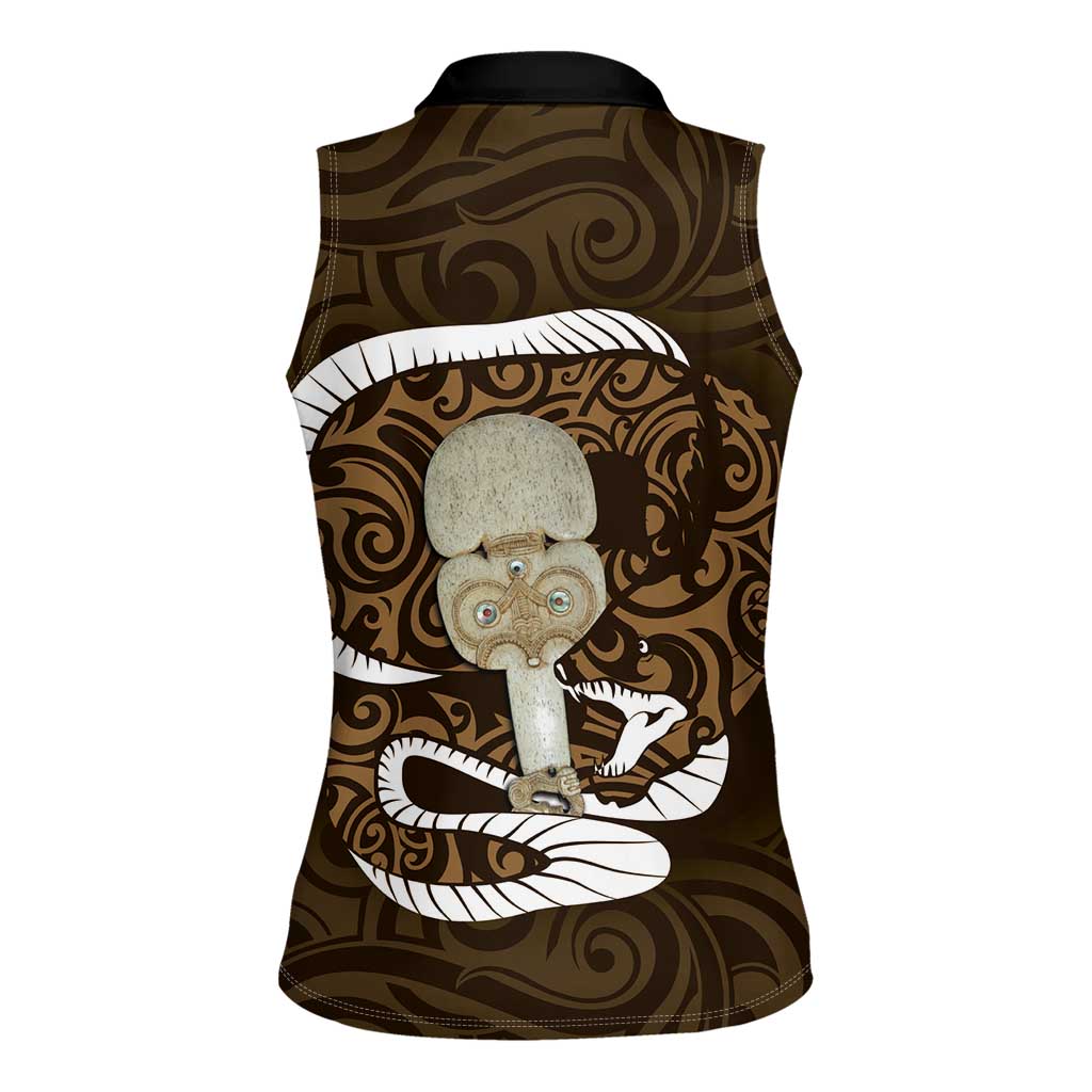 Gold New Zealand Eel Women Sleeveless Polo Shirt Aotearoa Maori Tuna With Kotiate Weapon LT14 - Polynesian Pride