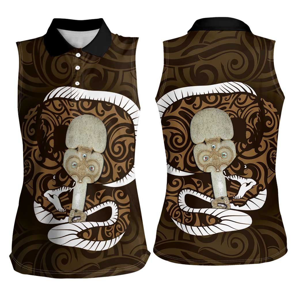 Gold New Zealand Eel Women Sleeveless Polo Shirt Aotearoa Maori Tuna With Kotiate Weapon LT14 - Polynesian Pride