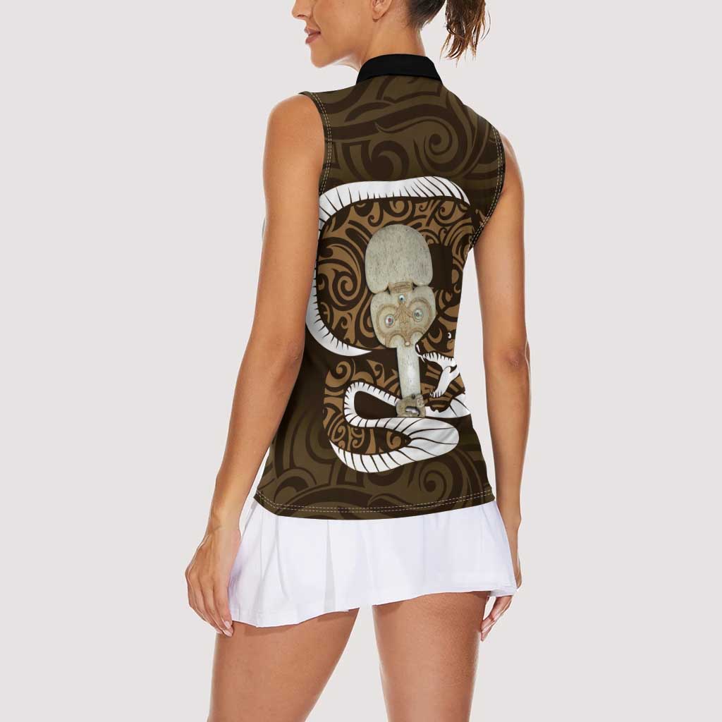 Gold New Zealand Eel Women Sleeveless Polo Shirt Aotearoa Maori Tuna With Kotiate Weapon LT14 - Polynesian Pride