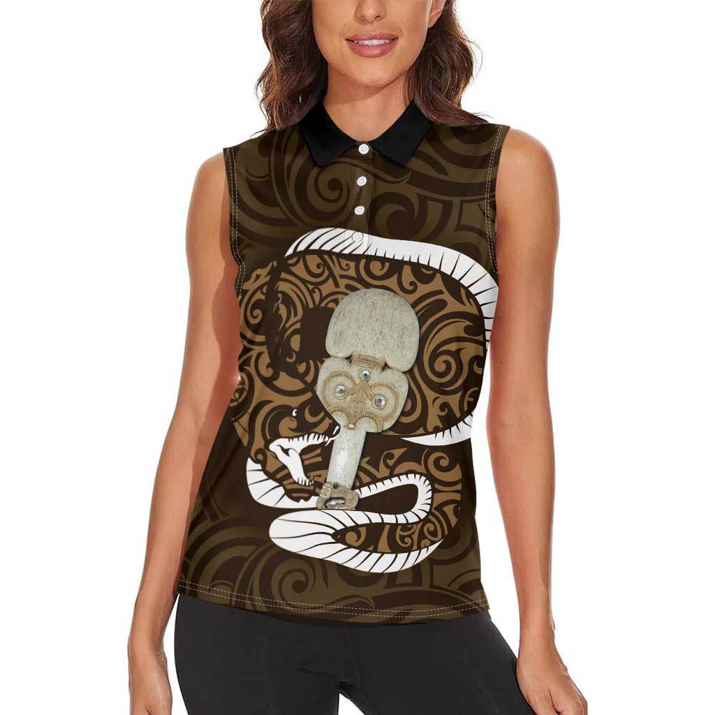 Gold New Zealand Eel Women Sleeveless Polo Shirt Aotearoa Maori Tuna With Kotiate Weapon LT14 - Polynesian Pride