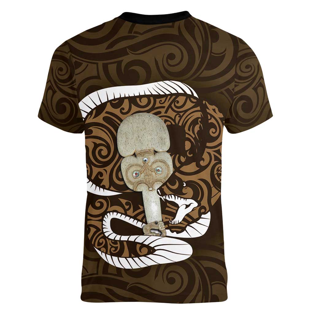 Gold New Zealand Eel Women V-Neck T-Shirt Aotearoa Maori Tuna With Kotiate Weapon LT14 - Polynesian Pride