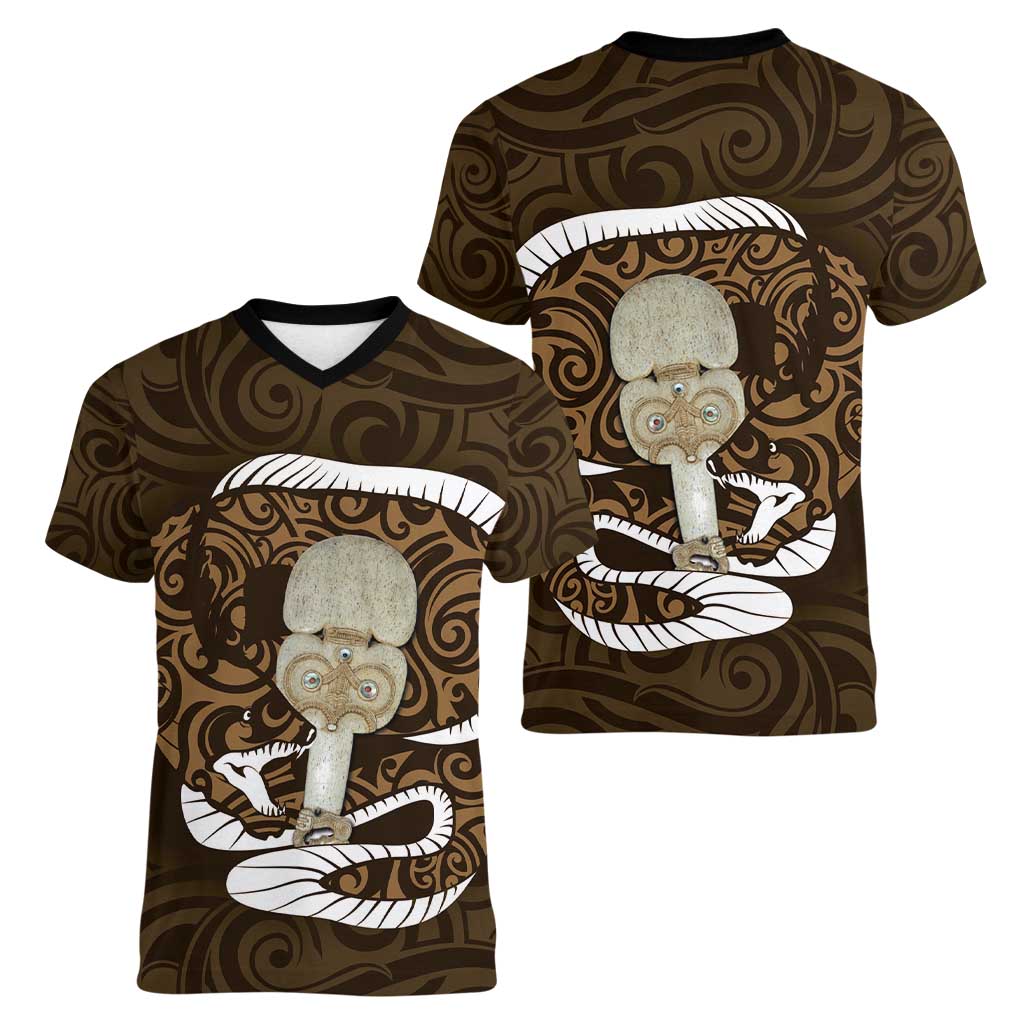 Gold New Zealand Eel Women V-Neck T-Shirt Aotearoa Maori Tuna With Kotiate Weapon LT14 - Polynesian Pride