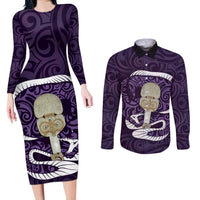 Purple New Zealand Eel Couples Matching Long Sleeve Bodycon Dress and Long Sleeve Button Shirt Aotearoa Maori Tuna With Kotiate Weapon LT14 Purple - Polynesian Pride