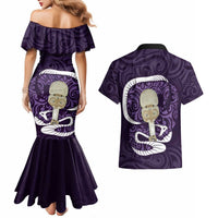 Purple New Zealand Eel Couples Matching Mermaid Dress and Hawaiian Shirt Aotearoa Maori Tuna With Kotiate Weapon LT14 - Polynesian Pride