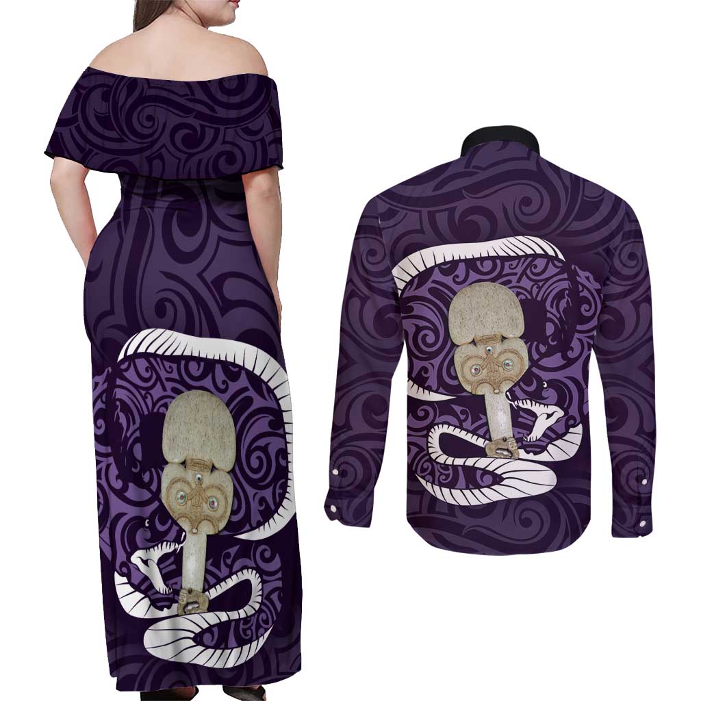 Purple New Zealand Eel Couples Matching Off Shoulder Maxi Dress and Long Sleeve Button Shirt Aotearoa Maori Tuna With Kotiate Weapon LT14 - Polynesian Pride