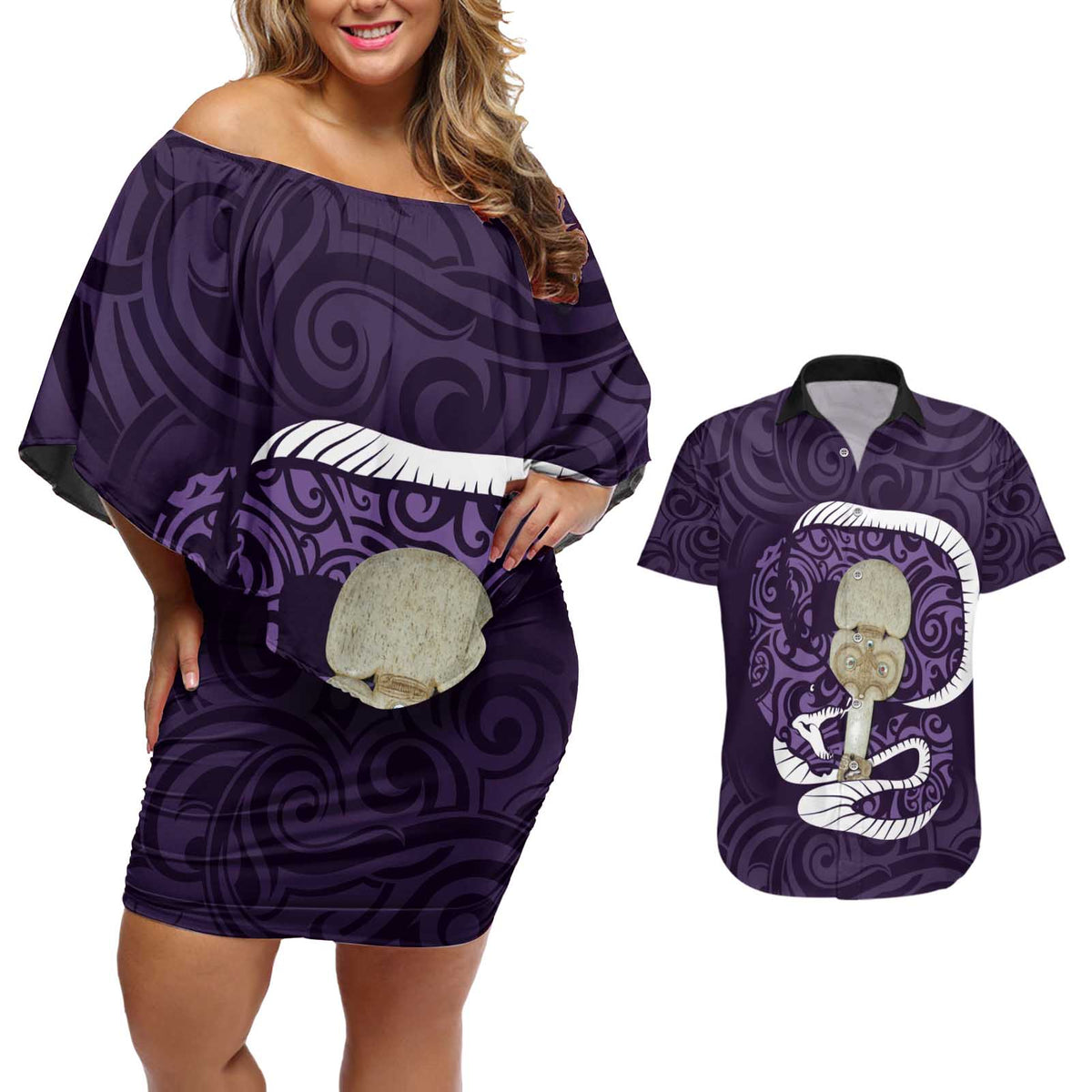 Purple New Zealand Eel Couples Matching Off Shoulder Short Dress and Hawaiian Shirt Aotearoa Maori Tuna With Kotiate Weapon LT14 Purple - Polynesian Pride