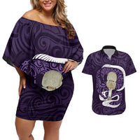 Purple New Zealand Eel Couples Matching Off Shoulder Short Dress and Hawaiian Shirt Aotearoa Maori Tuna With Kotiate Weapon LT14 Purple - Polynesian Pride