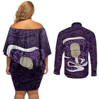 Purple New Zealand Eel Couples Matching Off Shoulder Short Dress and Long Sleeve Button Shirt Aotearoa Maori Tuna With Kotiate Weapon LT14 - Polynesian Pride