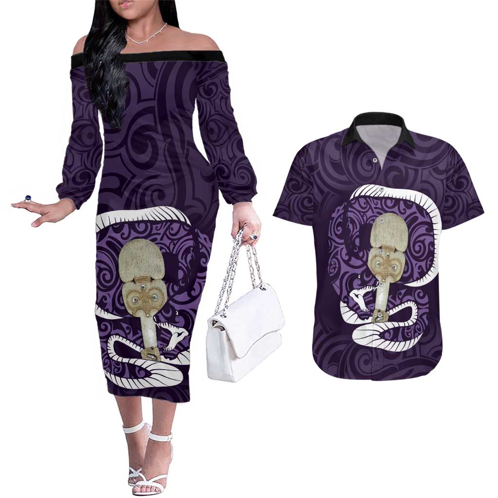 Purple New Zealand Eel Couples Matching Off The Shoulder Long Sleeve Dress and Hawaiian Shirt Aotearoa Maori Tuna With Kotiate Weapon LT14 Purple - Polynesian Pride